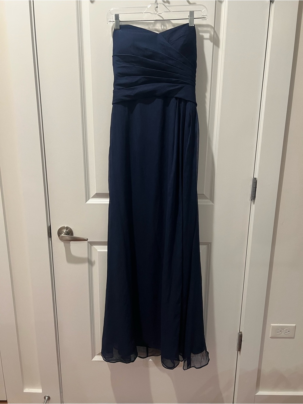 Strapless Navy Evening Gown with Ruched Bodice